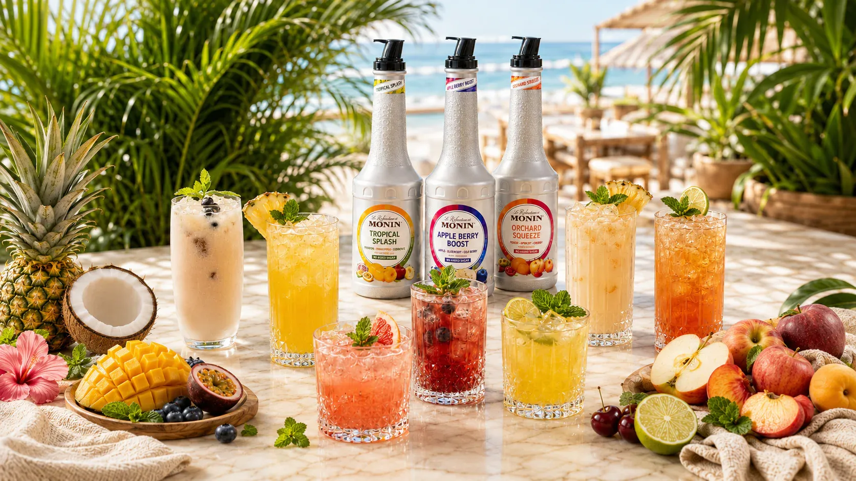 Tři příchutě MONIN Refreshers s hotovými nápoji