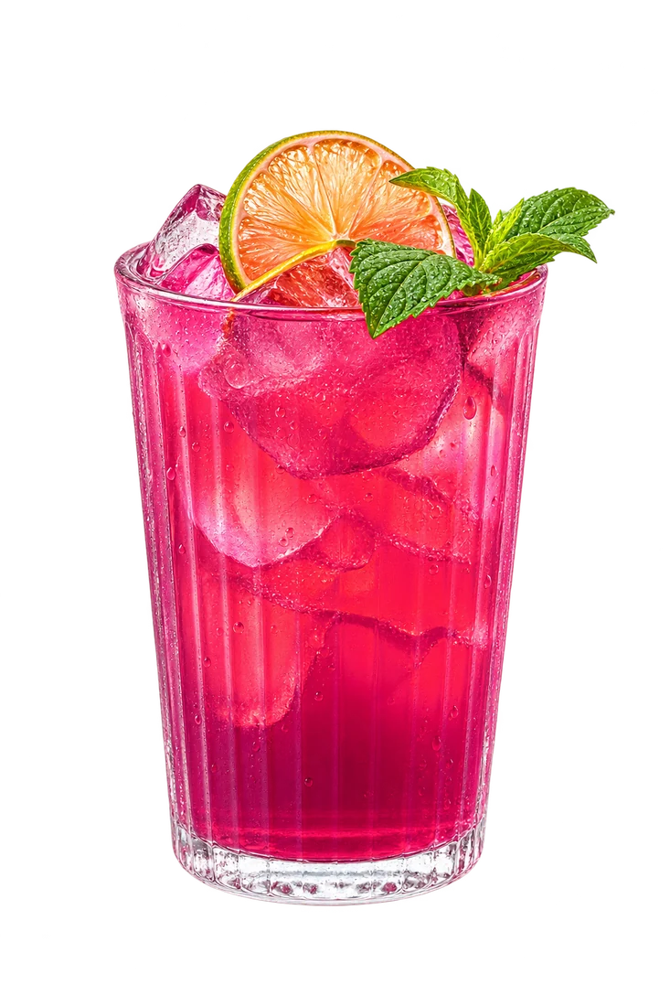 Růžová Ube limonáda s citrusy a mátou