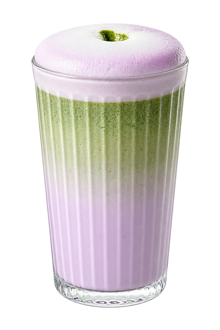 Ube Matcha Latte s fialovou a zelenou vrstvou