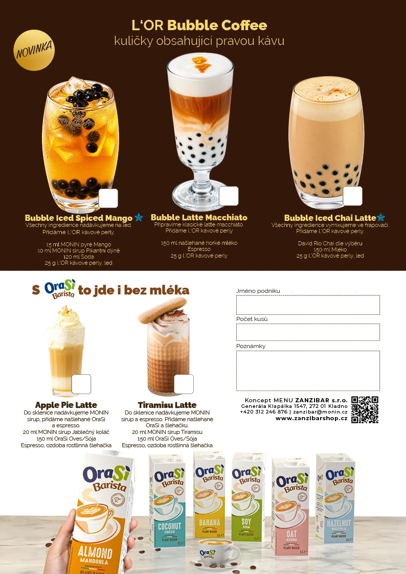 Bubble Coffee a latte s rostlinnými nápoji OraSì – receptury a fotografie